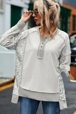 New Dear-Lover Leopard Patchwork Exposed Seam Buttoned Neck Sweatshirt Gray