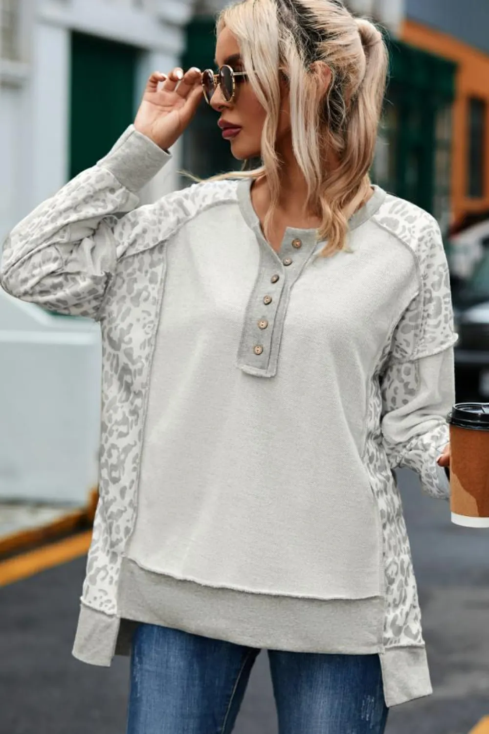 New Dear-Lover Leopard Patchwork Exposed Seam Buttoned Neck Sweatshirt Gray