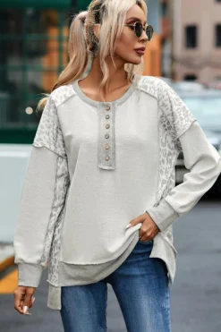 New Dear-Lover Leopard Patchwork Exposed Seam Buttoned Neck Sweatshirt Gray