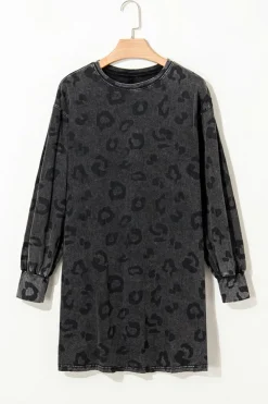 Fashion Dear-Lover Leopard Pocketed Puff Sleeve Mini Dress Gray