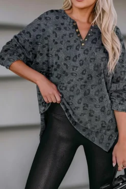 Sale Dear-Lover Leopard Print Button Split Neck Waffle Sweatshirt Gray