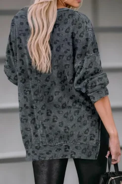 Sale Dear-Lover Leopard Print Button Split Neck Waffle Sweatshirt Gray