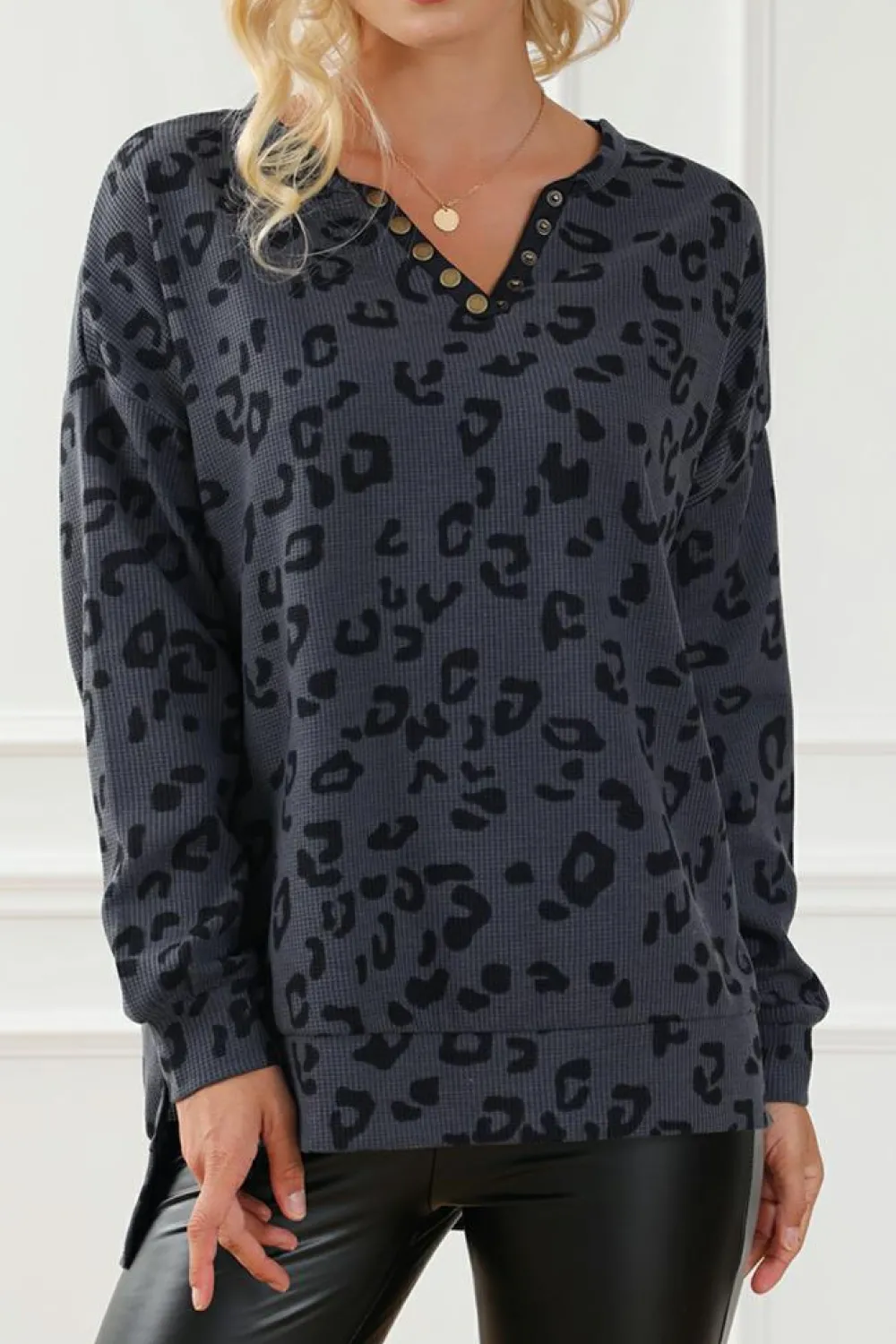 Sale Dear-Lover Leopard Print Button Split Neck Waffle Sweatshirt Gray