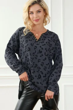 Sale Dear-Lover Leopard Print Button Split Neck Waffle Sweatshirt Gray