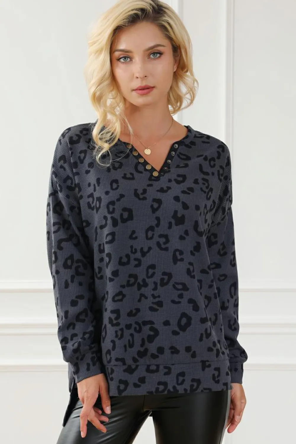 Sale Dear-Lover Leopard Print Button Split Neck Waffle Sweatshirt Gray