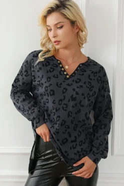 Sale Dear-Lover Leopard Print Button Split Neck Waffle Sweatshirt Gray