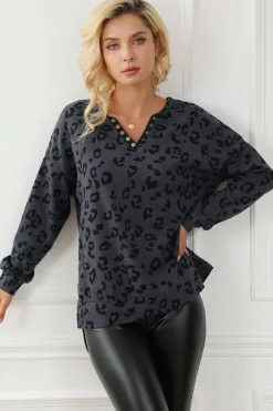Sale Dear-Lover Leopard Print Button Split Neck Waffle Sweatshirt Gray
