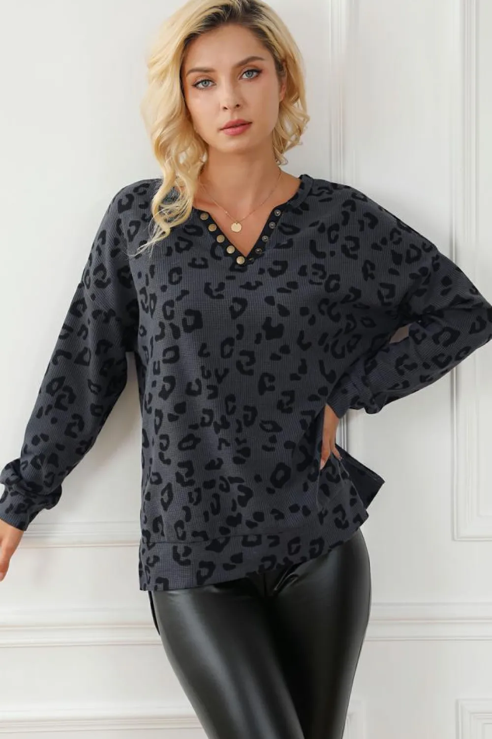 Sale Dear-Lover Leopard Print Button Split Neck Waffle Sweatshirt Gray