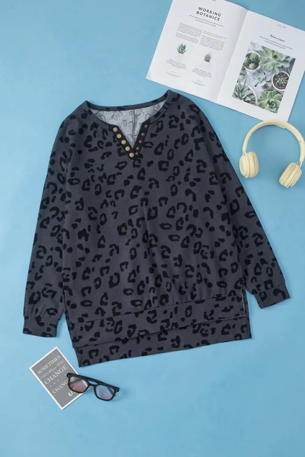Sale Dear-Lover Leopard Print Button Split Neck Waffle Sweatshirt Gray