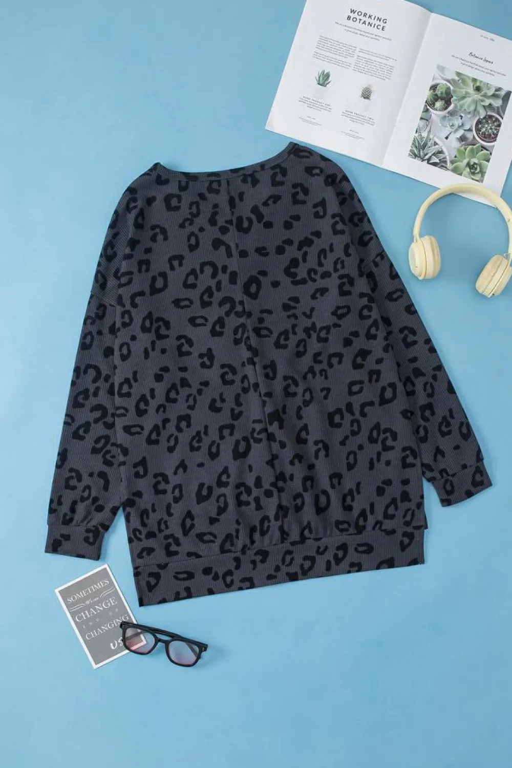 Sale Dear-Lover Leopard Print Button Split Neck Waffle Sweatshirt Gray