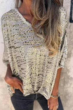 Online Dear-Lover Leopard Print Half Sleeve V Neck Loose Fit T Shirt Gray