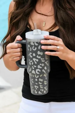 New Dear-Lover Leopard Print 40OZ Stainless Steel Portable Cup with Handle Gray