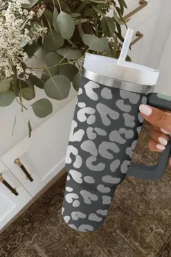 New Dear-Lover Leopard Print 40OZ Stainless Steel Portable Cup with Handle Gray