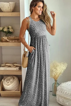 Clearance Dear-Lover Leopard Print Pocketed Sleeveless Maxi Dress Gray