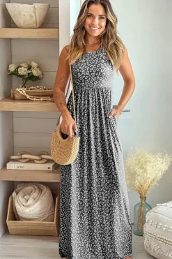 Clearance Dear-Lover Leopard Print Pocketed Sleeveless Maxi Dress Gray