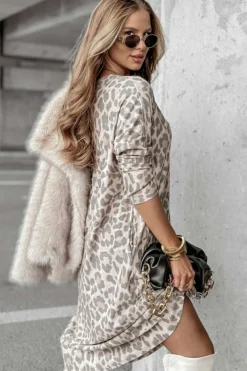 Clearance Dear-Lover Leopard Print V Neck Loose Fit Mini Dress Gray