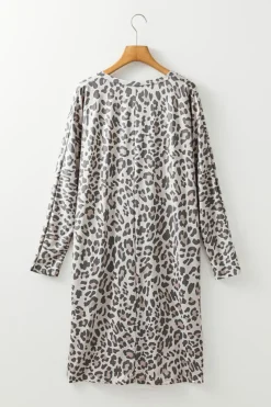 Clearance Dear-Lover Leopard Print V Neck Loose Fit Mini Dress Gray