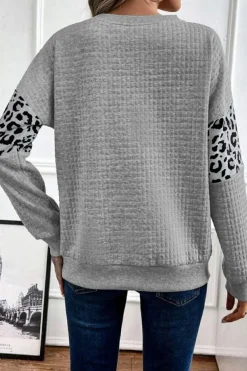 Clearance Dear-Lover Leopard Quilted Patchwork Crew Neck Sweatshirt Gray