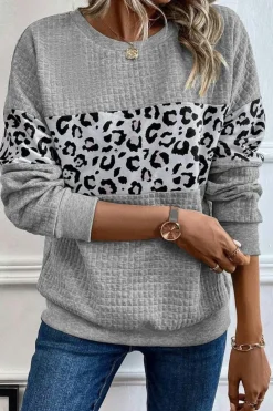 Clearance Dear-Lover Leopard Quilted Patchwork Crew Neck Sweatshirt Gray