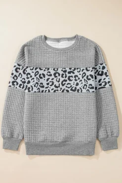 Clearance Dear-Lover Leopard Quilted Patchwork Crew Neck Sweatshirt Gray