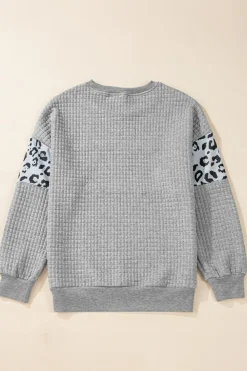 Clearance Dear-Lover Leopard Quilted Patchwork Crew Neck Sweatshirt Gray