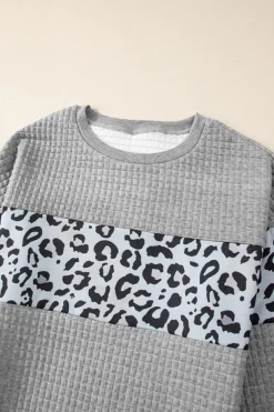 Clearance Dear-Lover Leopard Quilted Patchwork Crew Neck Sweatshirt Gray
