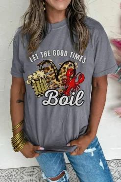 Discount Dear-Lover Let The Good Times Boil Crawfish Leopard Heart Graphic Tee Gray