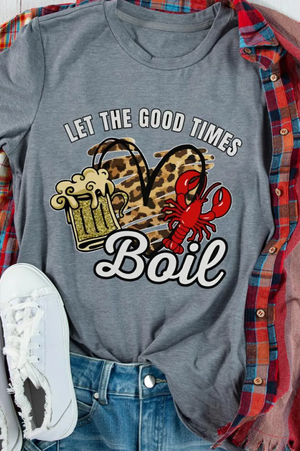 Discount Dear-Lover Let The Good Times Boil Crawfish Leopard Heart Graphic Tee Gray
