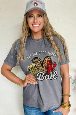 Discount Dear-Lover Let The Good Times Boil Crawfish Leopard Heart Graphic Tee Gray