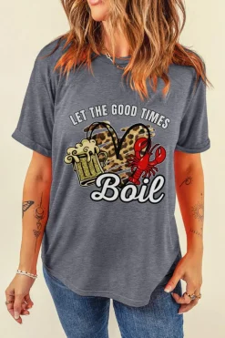 Discount Dear-Lover Let The Good Times Boil Crawfish Leopard Heart Graphic Tee Gray