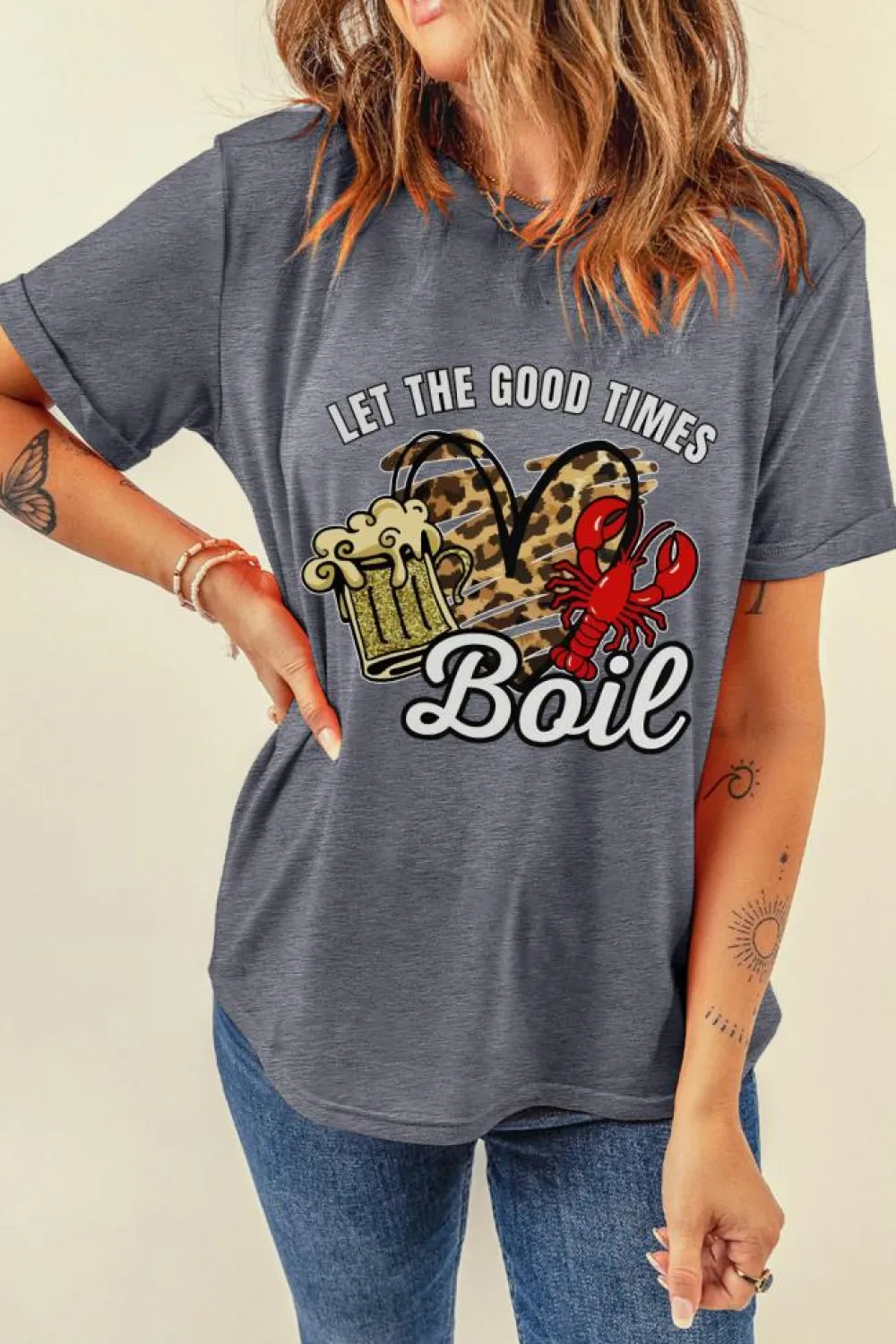 Discount Dear-Lover Let The Good Times Boil Crawfish Leopard Heart Graphic Tee Gray