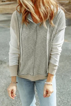 Sale Dear-Lover Long Sleeve Textured Knit Patchwork Hoodie Gray
