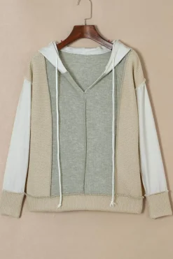 Sale Dear-Lover Long Sleeve Textured Knit Patchwork Hoodie Gray