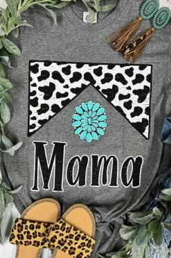 Fashion Dear-Lover Mama Cowhide Graphic Tee Gray