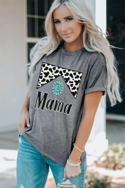 Fashion Dear-Lover Mama Cowhide Graphic Tee Gray