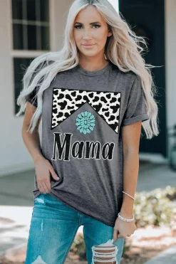 Fashion Dear-Lover Mama Cowhide Graphic Tee Gray