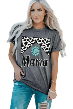 Fashion Dear-Lover Mama Cowhide Graphic Tee Gray