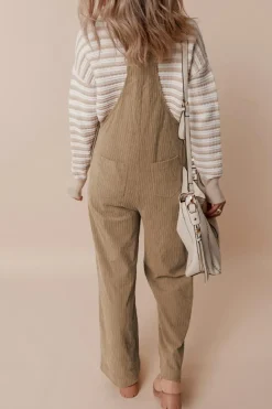 Best Dear-Lover Solid Pocketed Loose Fit Corduroy Overall Gray Morn