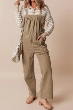 Best Dear-Lover Solid Pocketed Loose Fit Corduroy Overall Gray Morn