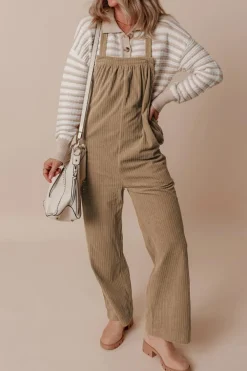 Best Dear-Lover Solid Pocketed Loose Fit Corduroy Overall Gray Morn