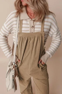 Best Dear-Lover Solid Pocketed Loose Fit Corduroy Overall Gray Morn