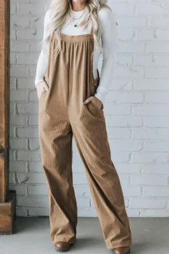 Best Dear-Lover Solid Pocketed Loose Fit Corduroy Overall Gray Morn