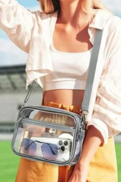 Fashion Dear-Lover Multi-Pocket Contrast Edge Detachable Strap Clear Shoulder Bag Gray