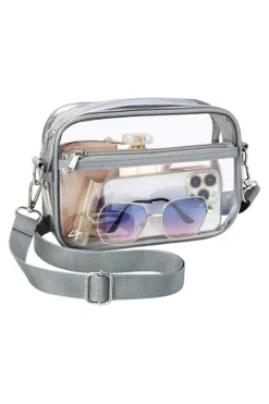 Fashion Dear-Lover Multi-Pocket Contrast Edge Detachable Strap Clear Shoulder Bag Gray