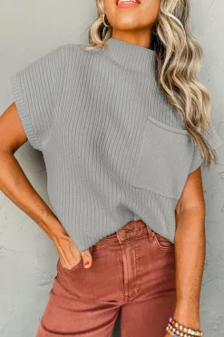 Sale Dear-Lover Patch Pocket Ribbed Knit Short Sleeve Sweater Gray