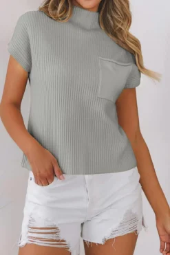 Sale Dear-Lover Patch Pocket Ribbed Knit Short Sleeve Sweater Gray