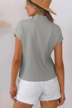 Sale Dear-Lover Patch Pocket Ribbed Knit Short Sleeve Sweater Gray