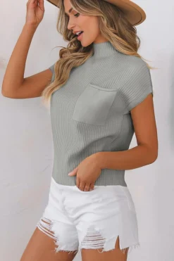 Sale Dear-Lover Patch Pocket Ribbed Knit Short Sleeve Sweater Gray