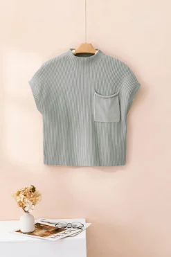 Sale Dear-Lover Patch Pocket Ribbed Knit Short Sleeve Sweater Gray