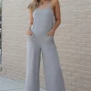 Discount Dear-Lover Patch Pockets Spaghetti Strap Wide Leg Jumpsuit Gray